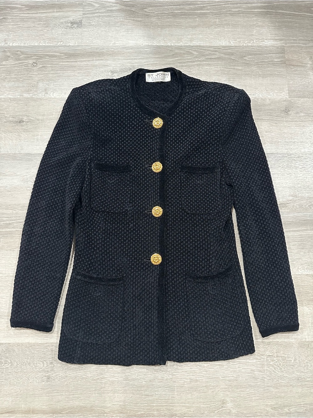 I338 St. John By Marie Gray Black Cardigan Sweater Gold Buttons Size 6